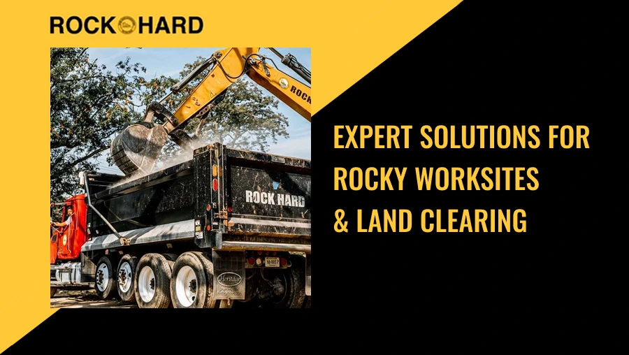 Land clearing contractor managing rocky worksite with professional equipment.