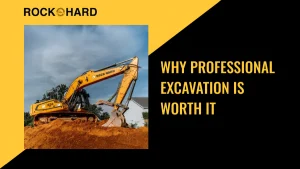 Excavator and crew leveling a commercial construction site with heavy equipment.