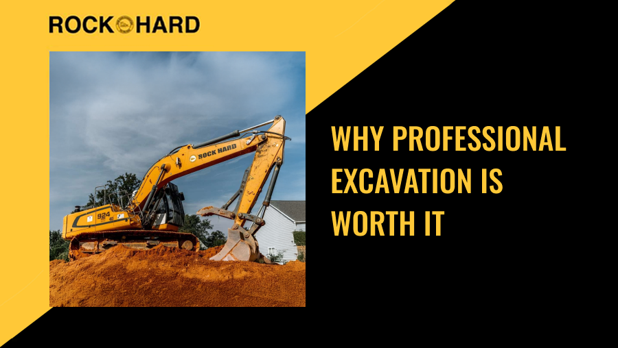 Excavator and crew leveling a commercial construction site with heavy equipment.