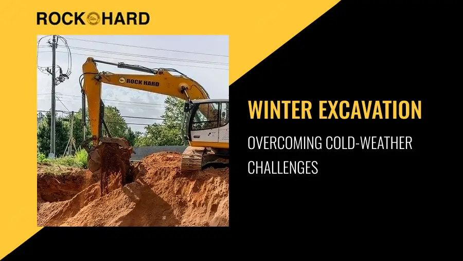 Winter excavation site with heavy machinery breaking frozen ground